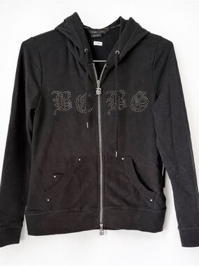 NWT BCBGMaxAzria Y2K Black Rhinestones Logo Double Zip Hoodie Size Medium